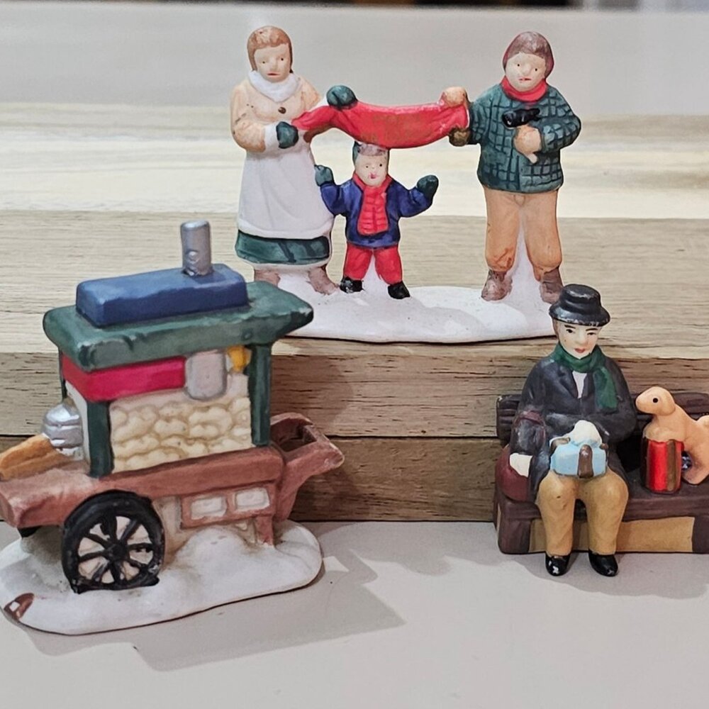 3 Christmas Porcelain Figurines Set 2.5" Ice Cream Cart & Family Scene handpaint
